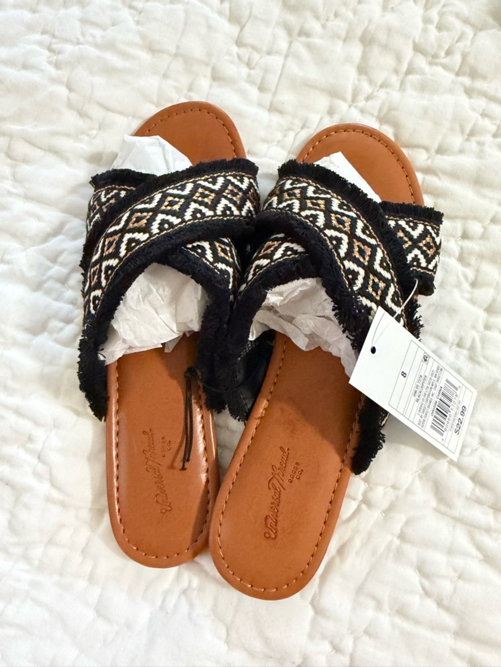Target Black Patterned Crossband Slide Sandals with Tan Footbed
